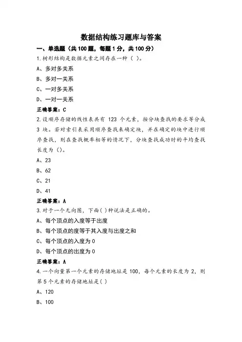 数据结构练习题库与答案