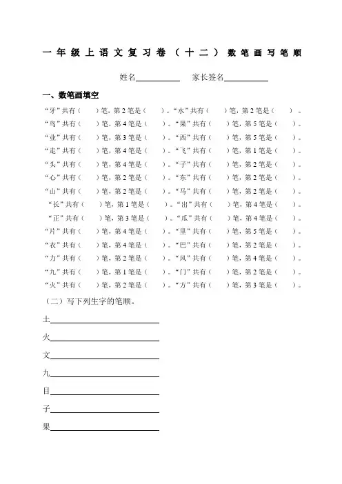一年级语文上册期末复习资料句子 拼音 笔顺