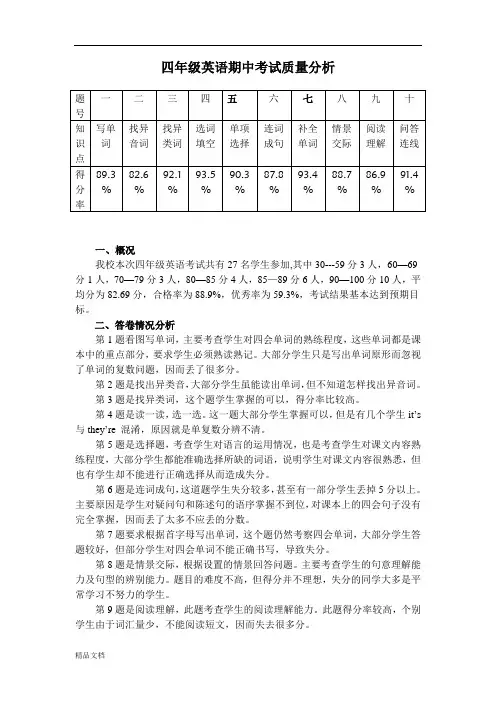 小学四年级英语期中考试质量分析.doc