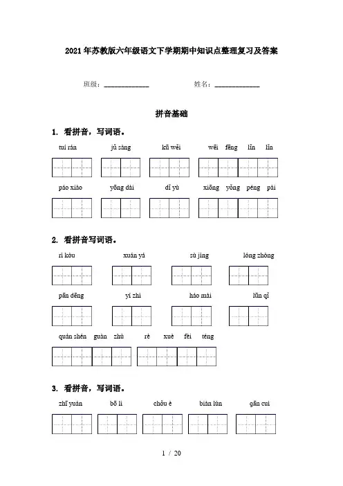 2021年苏教版六年级语文下学期期中知识点整理复习及答案