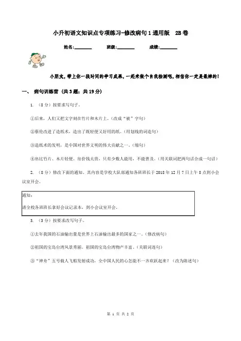 小升初语文知识点专项练习-修改病句1通用版  2B卷