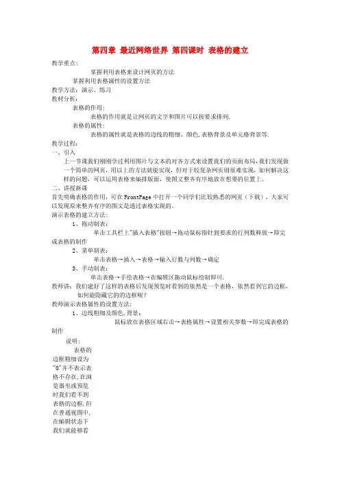 七年级信息技术《第四章 最近网络世界 第四课时 表格的建立》教案