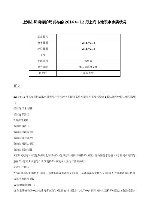 上海市环境保护局发布的2014年12月上海市地表水水质状况-