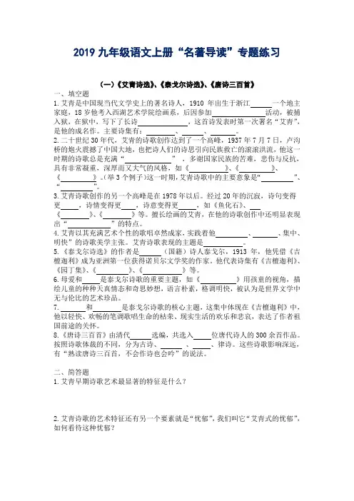 2019【部编版】九年级语文上册名著导读《艾青诗选》、《水浒传》等专题练习(附答案)