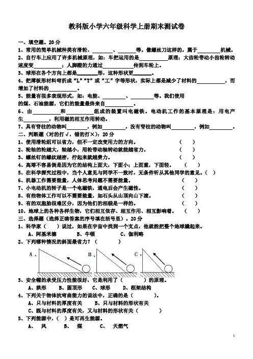 教科版六年级科学上册期末测试题(多套) 2