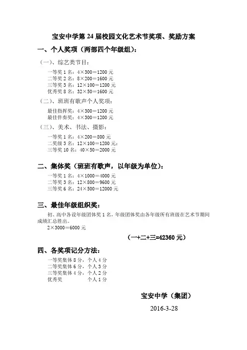 宝安中学第24届校园文化艺术节奖项、奖励方案