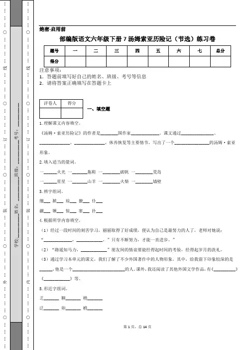 部编版语文六年级下册7 汤姆索亚历险记(节选)练习卷 (1)
