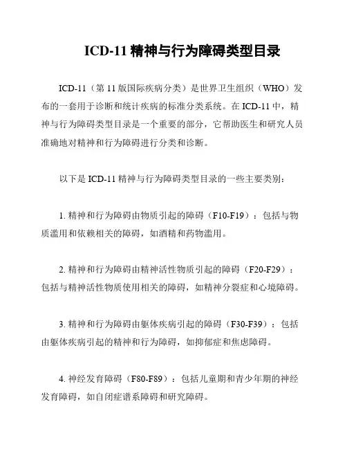 ICD-11精神与行为障碍类型目录