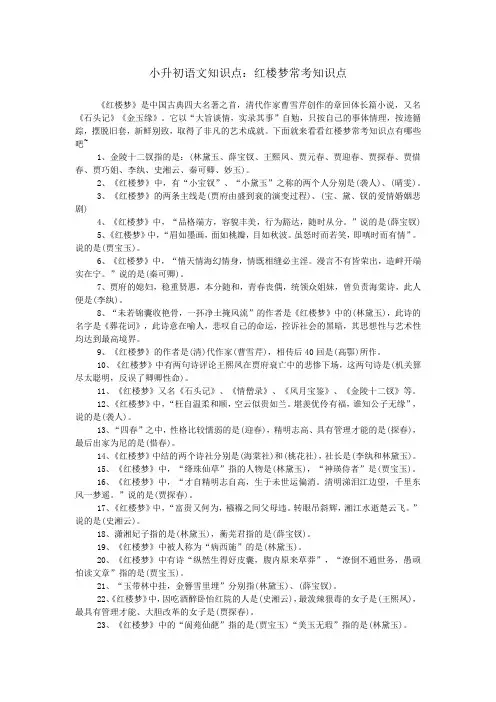 小升初语文知识点：红楼梦常考知识点
