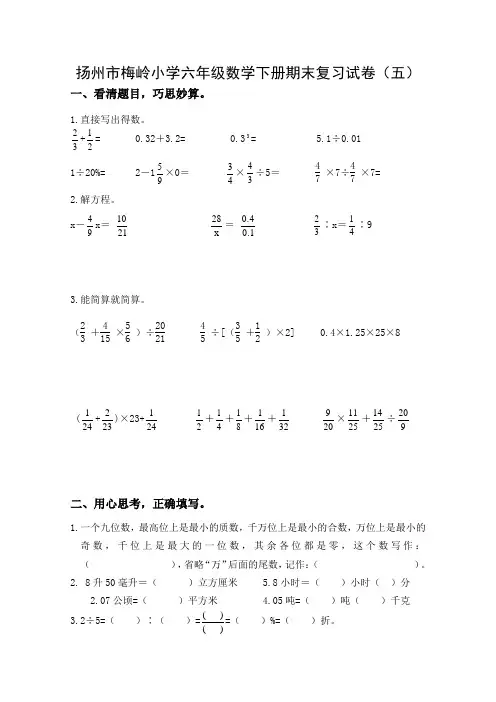 扬州市梅岭小学六年级数学下册小升初复习试卷(五)及答案