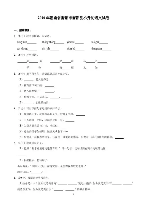 2020年湖南省衡阳市衡阳县小升初语文试卷(含解析)印刷版