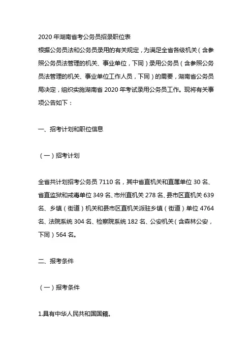 2020年湖南省考公务员招录职位表