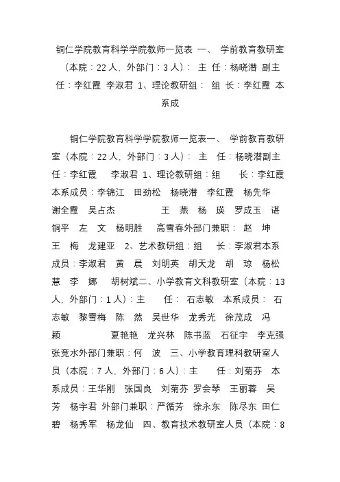 铜仁学院教育科学学院教师一览表 一、 学前教育教研室(本院：22人,外部门：3人)： 主 任：杨晓潜 副主任