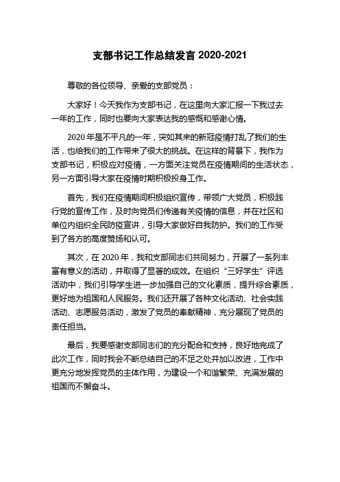 支部书记工作总结发言2020-2021