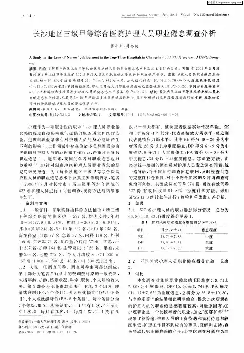 长沙地区三级甲等综合医院护理人员职业倦怠调查分析