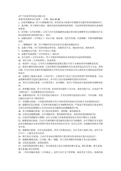 127个西医常用药品功能主治