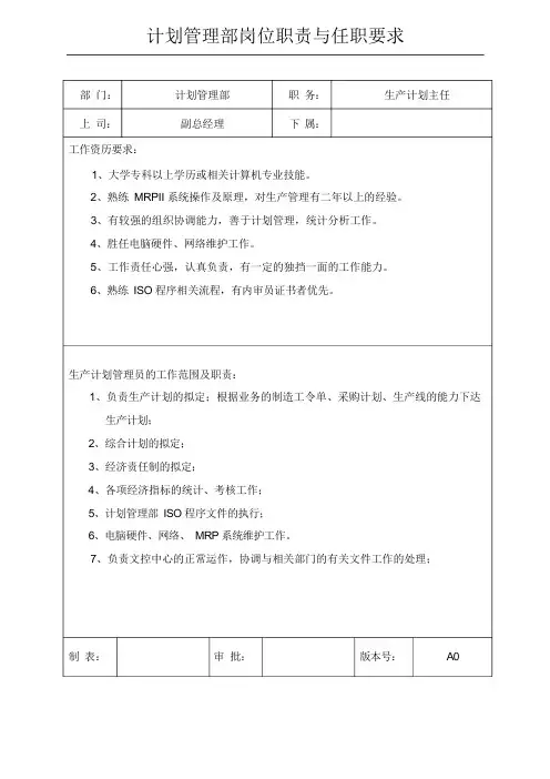 计划管理部岗位职责及任职要求.doc
