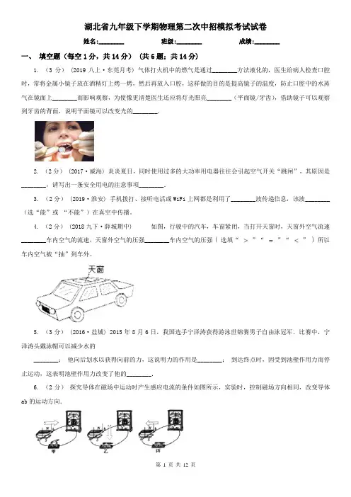 湖北省九年级下学期物理第二次中招模拟考试试卷