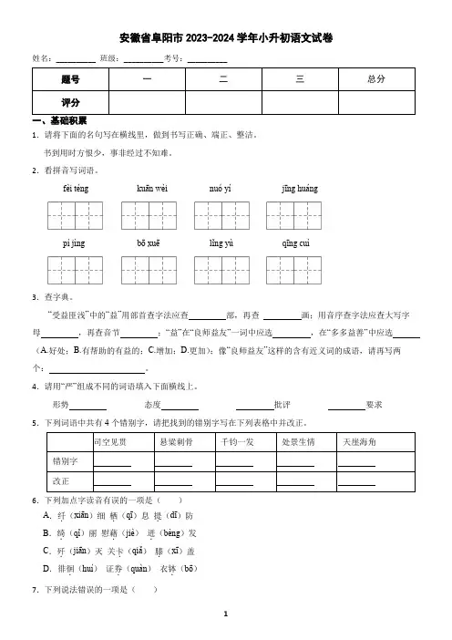 安徽省阜阳市2023-2024学年小升初语文试卷(含答案)2