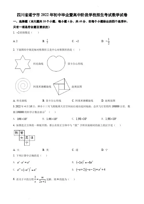 2022年四川省遂宁市中考数学真题(含解析)