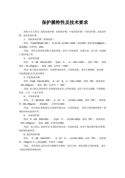 保护膜特性及技术要求