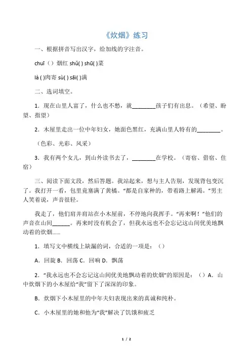 2020中考语文《炊烟》练习(无答案)