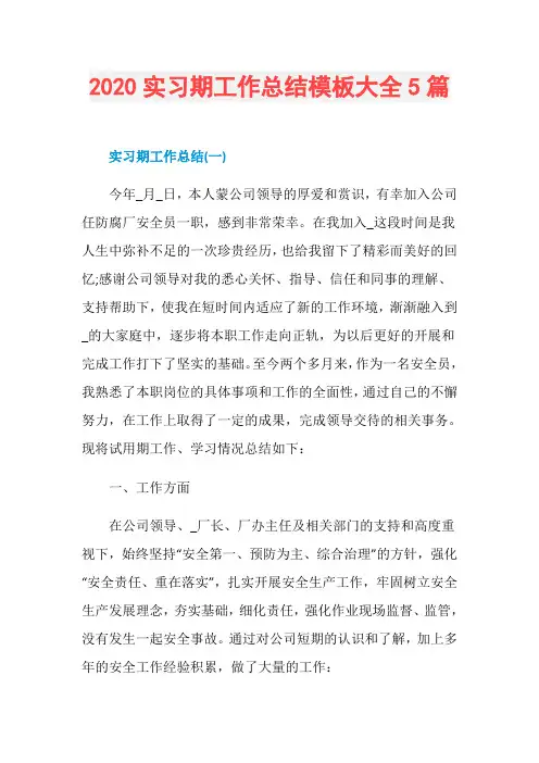 2020实习期工作总结模板大全5篇