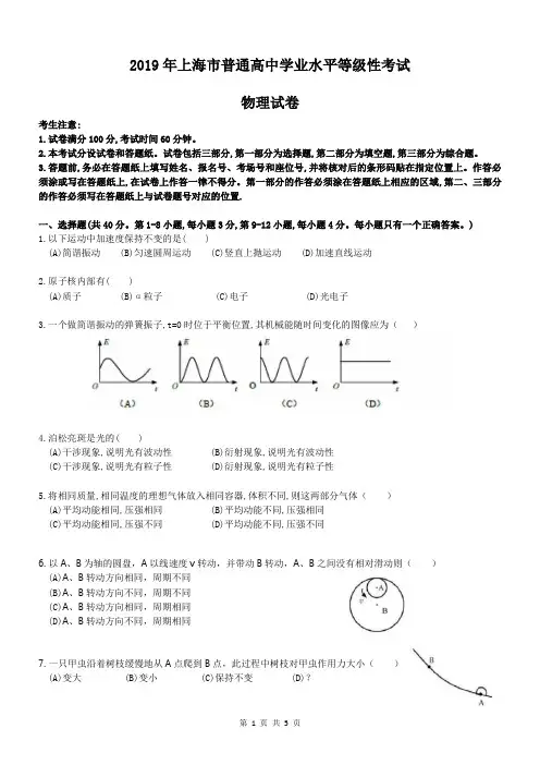 (完整版)2019年上海市普通高中学业水平等级性考试(高考)物理试卷