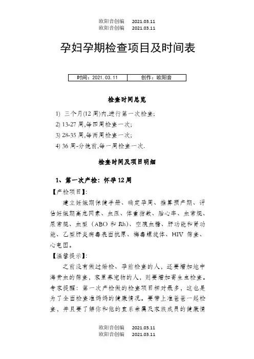 孕妇孕期检查项目及时间表之欧阳音创编