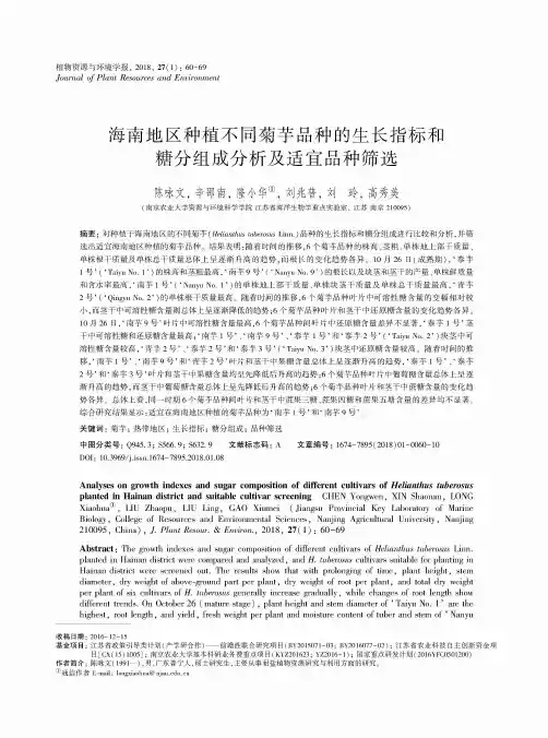 海南地区种植不同菊芋品种的生长指标和糖分组成分析及适宜品种筛选