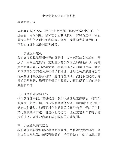 企业党支部述职汇报材料