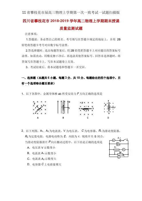 XX省攀枝花市届高三物理上学期第一次统一考试试题扫描版