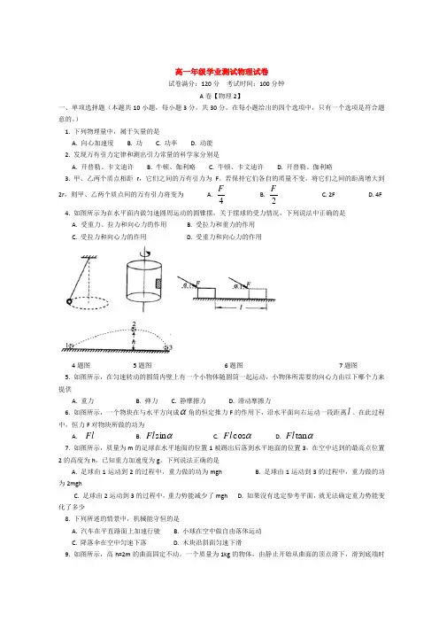 高一下学期期末考试物理试卷及答案