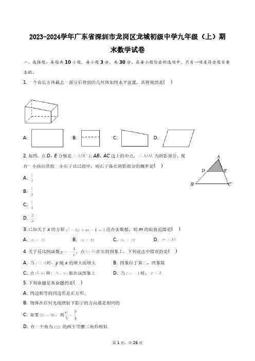 2023-2024学年广东省深圳市龙岗区龙城初级中学九年级(上)期末数学试卷+答案解析(附后)