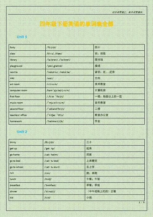 四年级下英语单词表全部