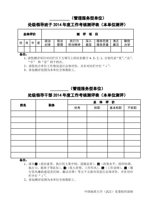 管理服务型单位处级领导班子及处级领导干部年度工作考核测评表(本单位测评)