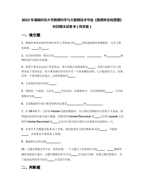 2022年湖南科技大学数据科学与大数据技术专业《数据库系统原理》科目期末试卷B(有答案)