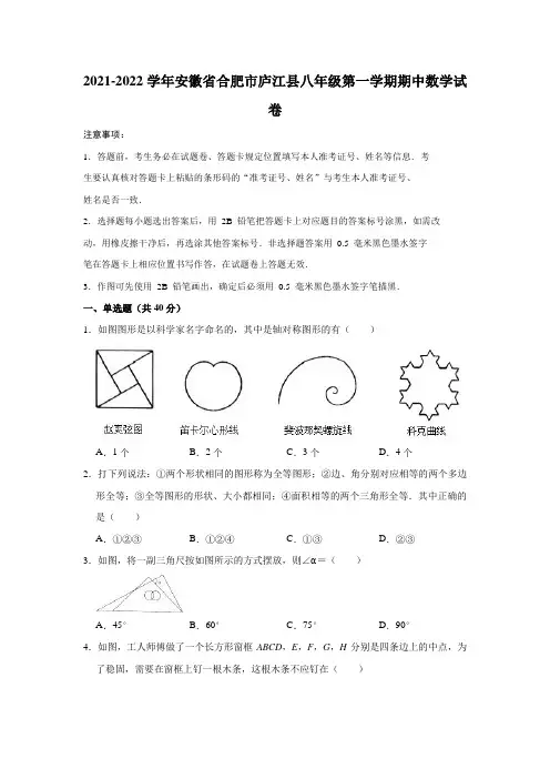 2021-2022学年安徽省合肥市庐江县八年级(上)期中数学试卷(解析版)