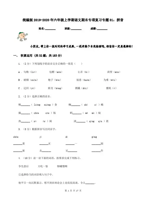 统编版2019-2020年六年级上学期语文期末专项复习专题01：拼音