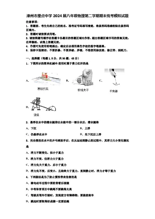 漳州市重点中学2024届八年级物理第二学期期末统考模拟试题含解析