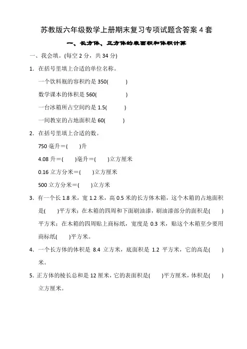 苏教版六年级数学上册期末复习专项试题含答案4套