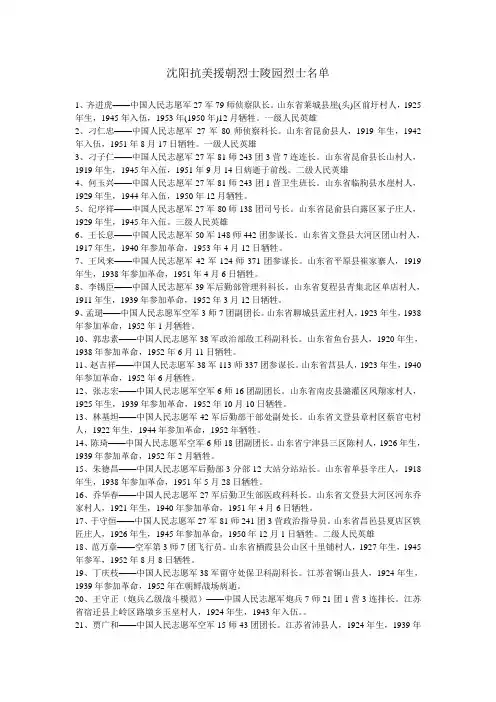 沈阳抗美援朝烈士陵园烈士名单