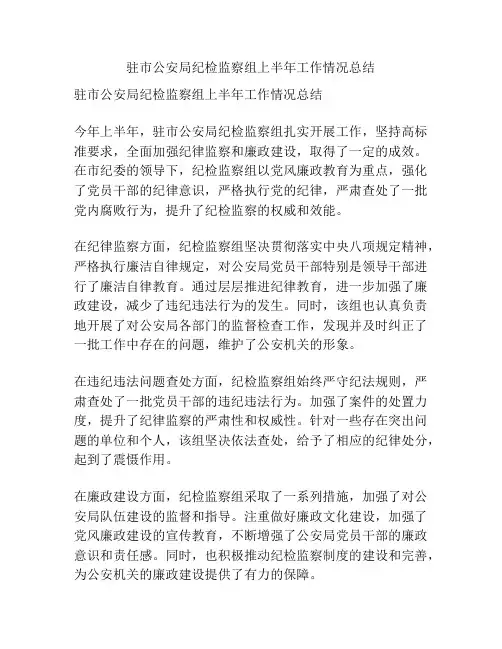 驻市公安局纪检监察组上半年工作情况总结