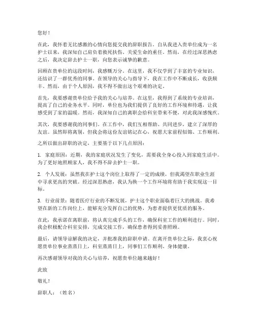 护士换工作辞职报告