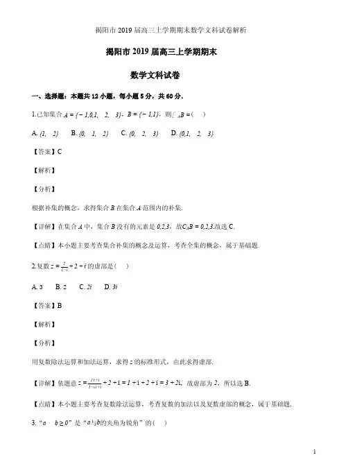 揭阳市2019届高三上学期期末数学文科试卷解析