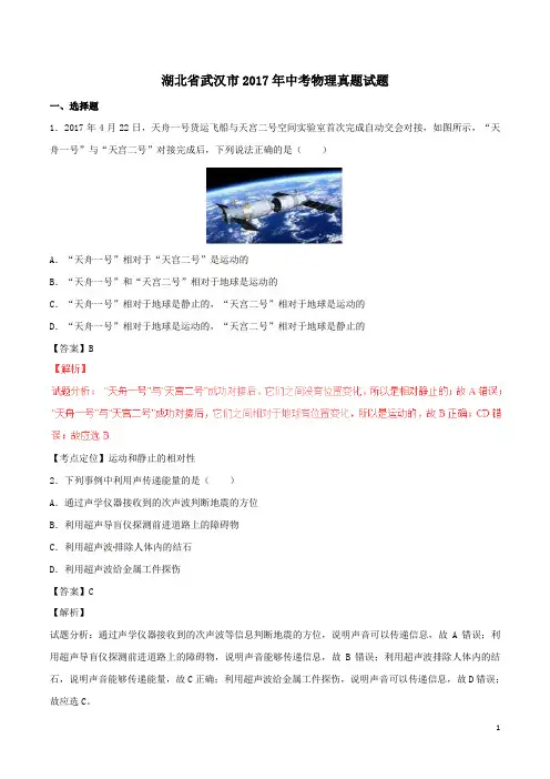 2017年湖北省武汉市中考物理试题(含解析)