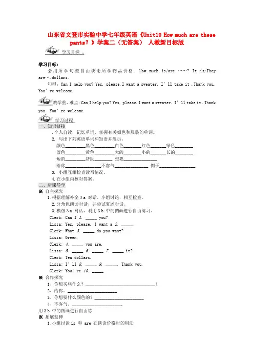 山东省文登市实验中学七年级英语《Unit10 How much are these pants？》学案二 人教新目标版 精品
