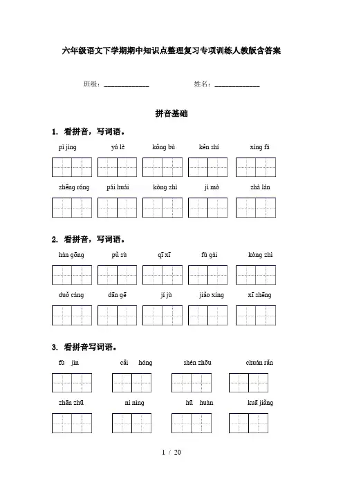 六年级语文下学期期中知识点整理复习专项训练人教版含答案