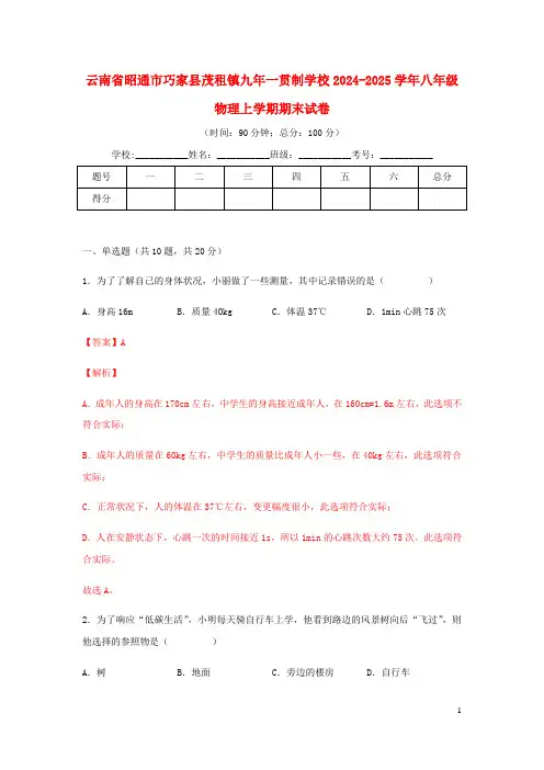 云南省昭通市巧家县茂租镇九年一贯制学校2024_2025学年八年级物理上学期期末试卷含解析