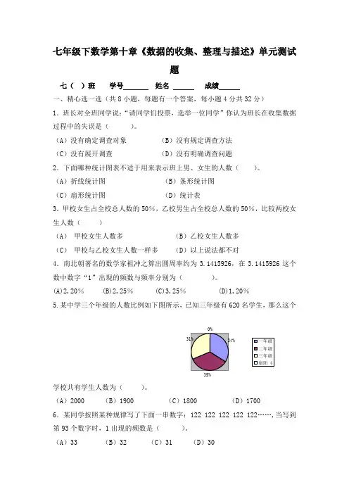 人教版七年级下数学第十章《数据的收集、整理与描述》单元测试